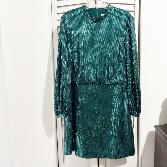 Whistles Dena Teal Sequin Long Sleeve Mini Dress Size US 14 - Picture 4 of 12